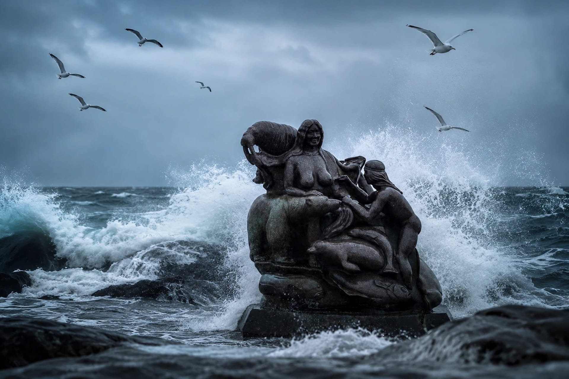 Mother of the Sea statue on the Nuuk City Tour coastal walk