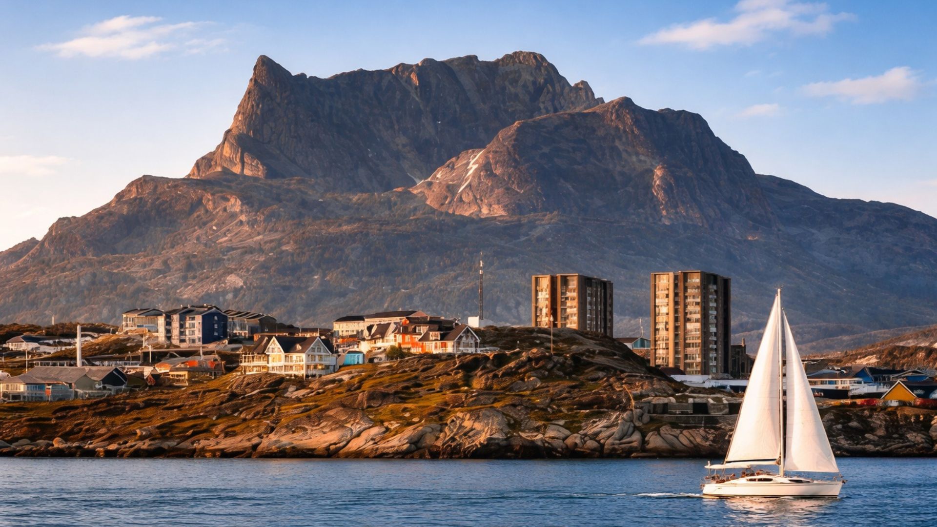 nuuk city tour — sailboat passing the rocky coastline of Nuuk with Sermitsiaq mountain behind