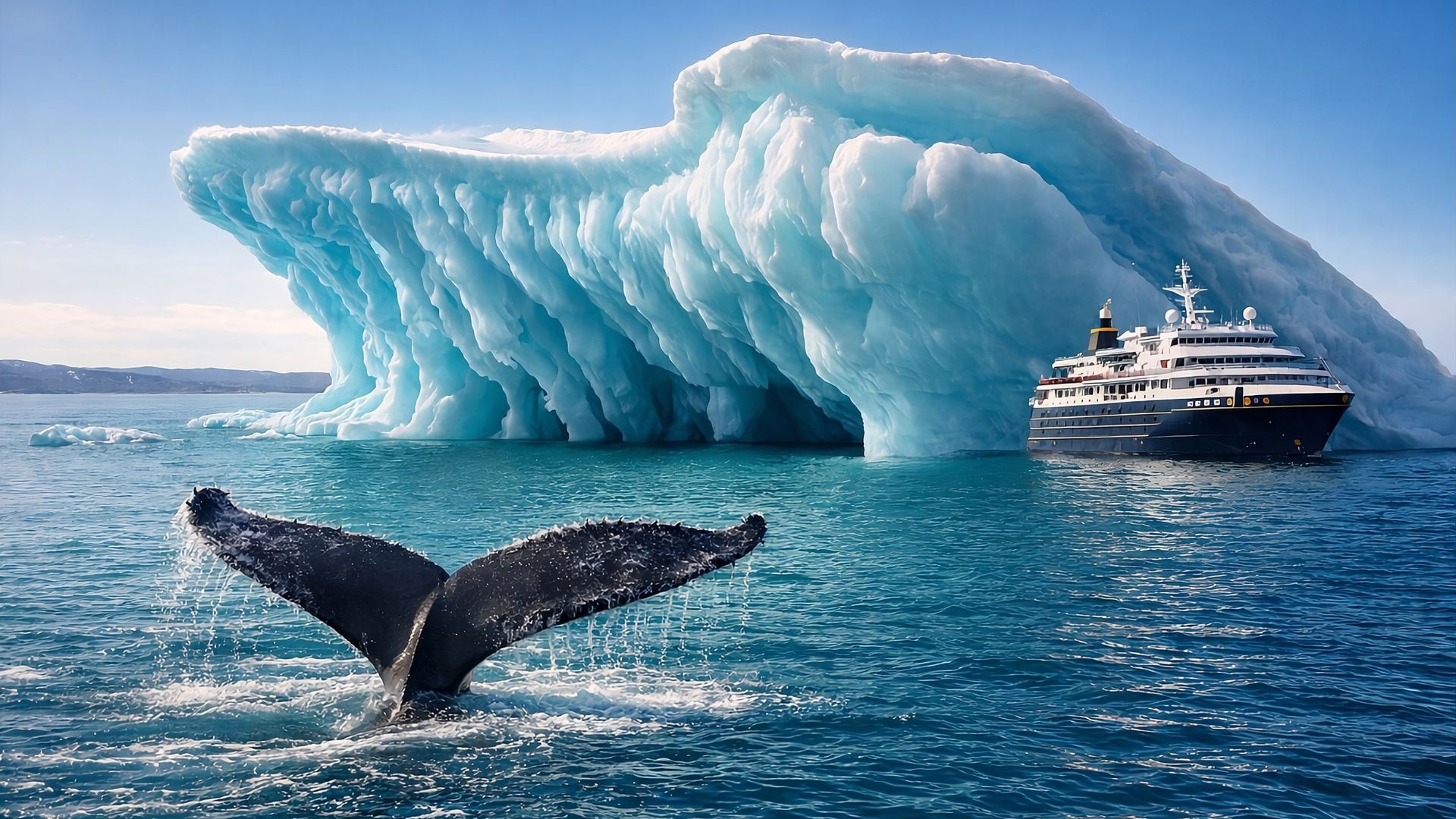 nuuk fjord boat tour — humpback whale tail breaching beside a glacier expedition vessel