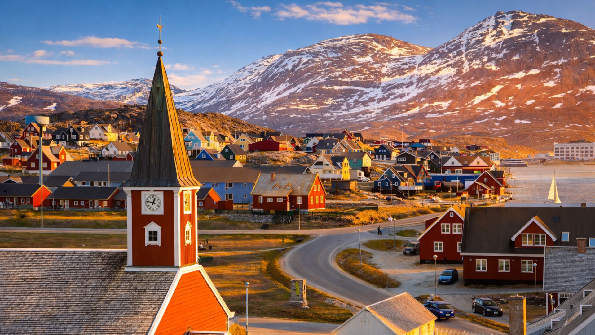 nuuk walking tour — colorful houses of Nuuk set against dramatic Greenlandic mountains