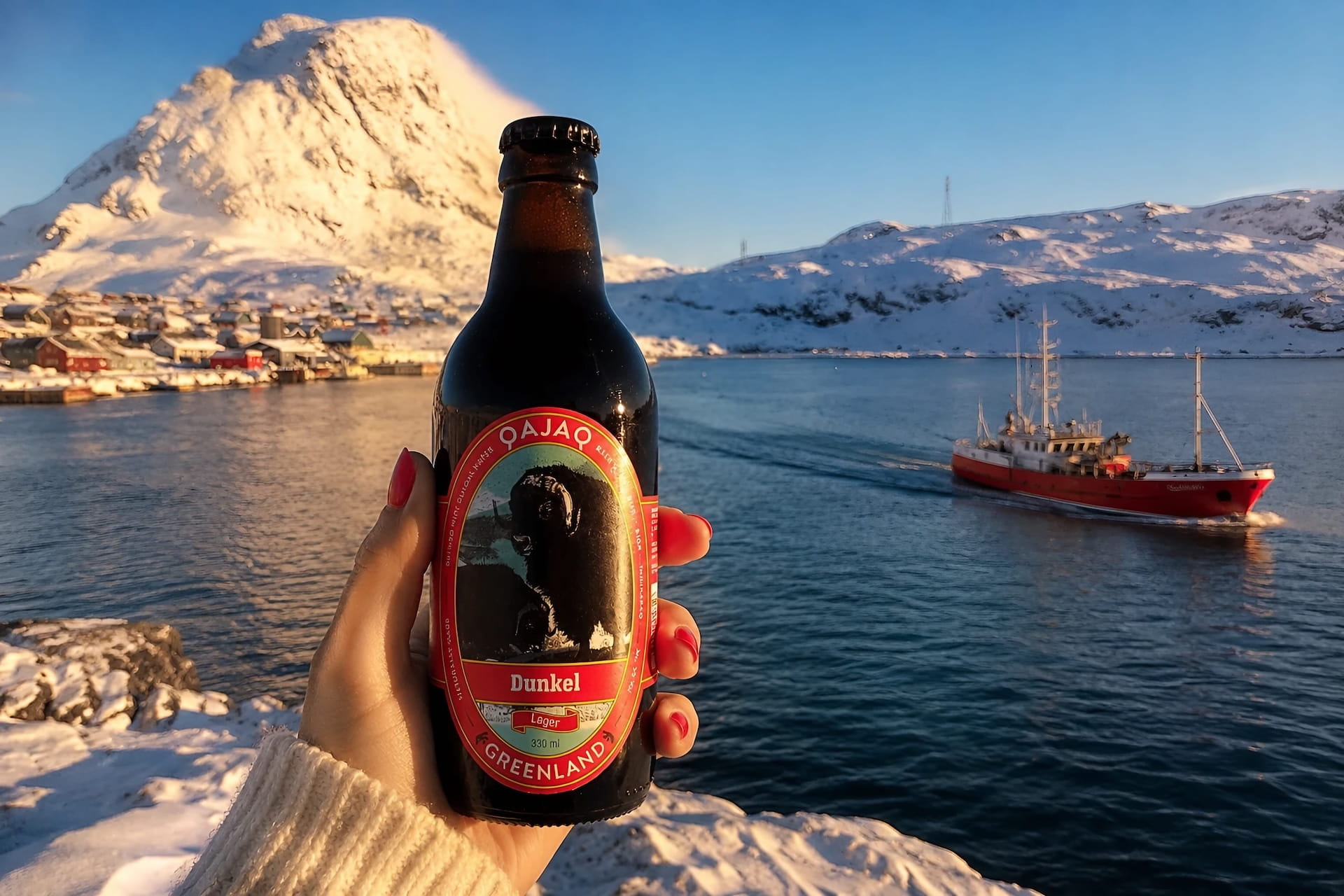 Greenlandic craft beer bottle held up in front of Nuuk Fjord on the Nuuk Walking Tour