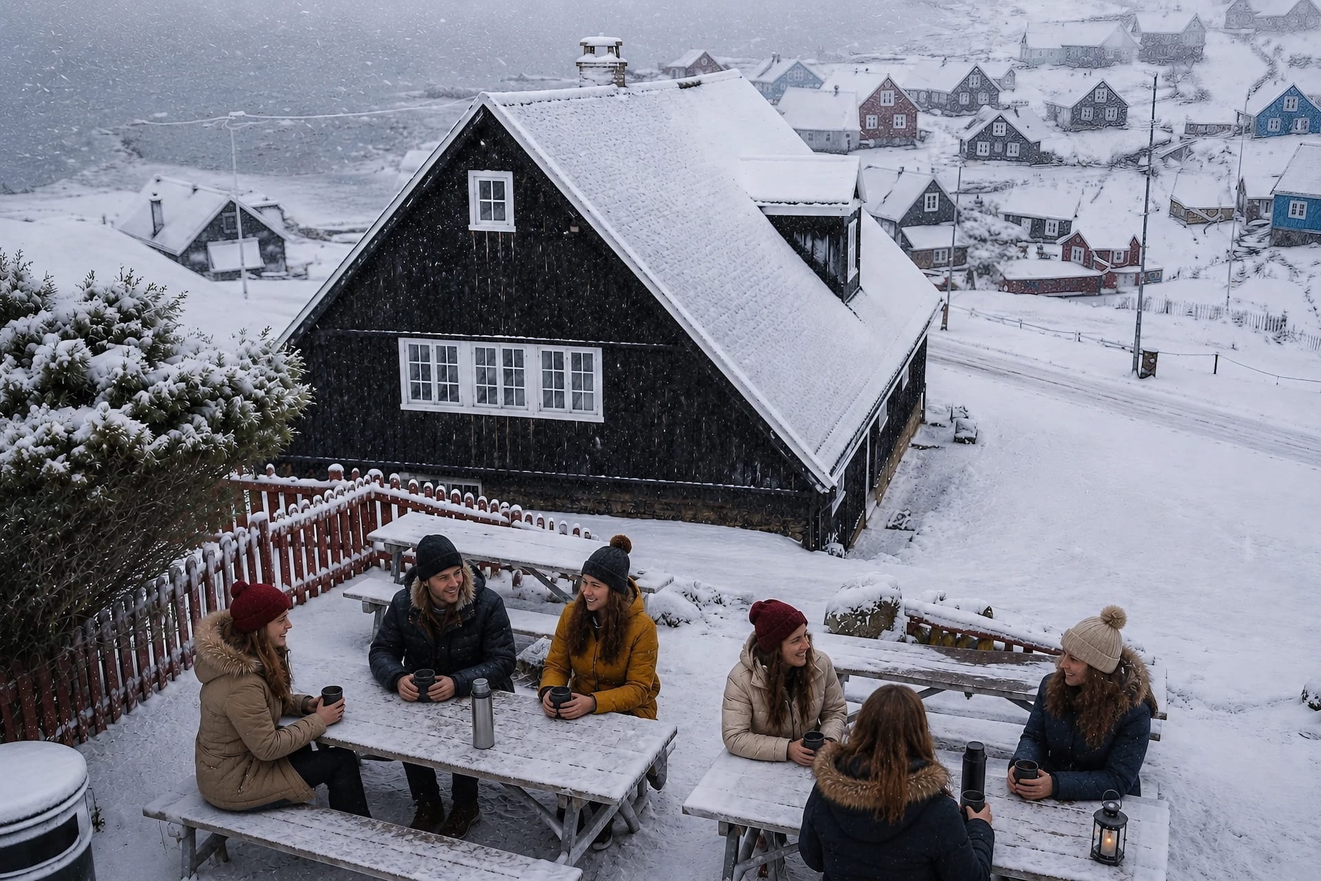 Group enjoying hot drinks on a terrace overlooking colourful Nuuk houses in the snow